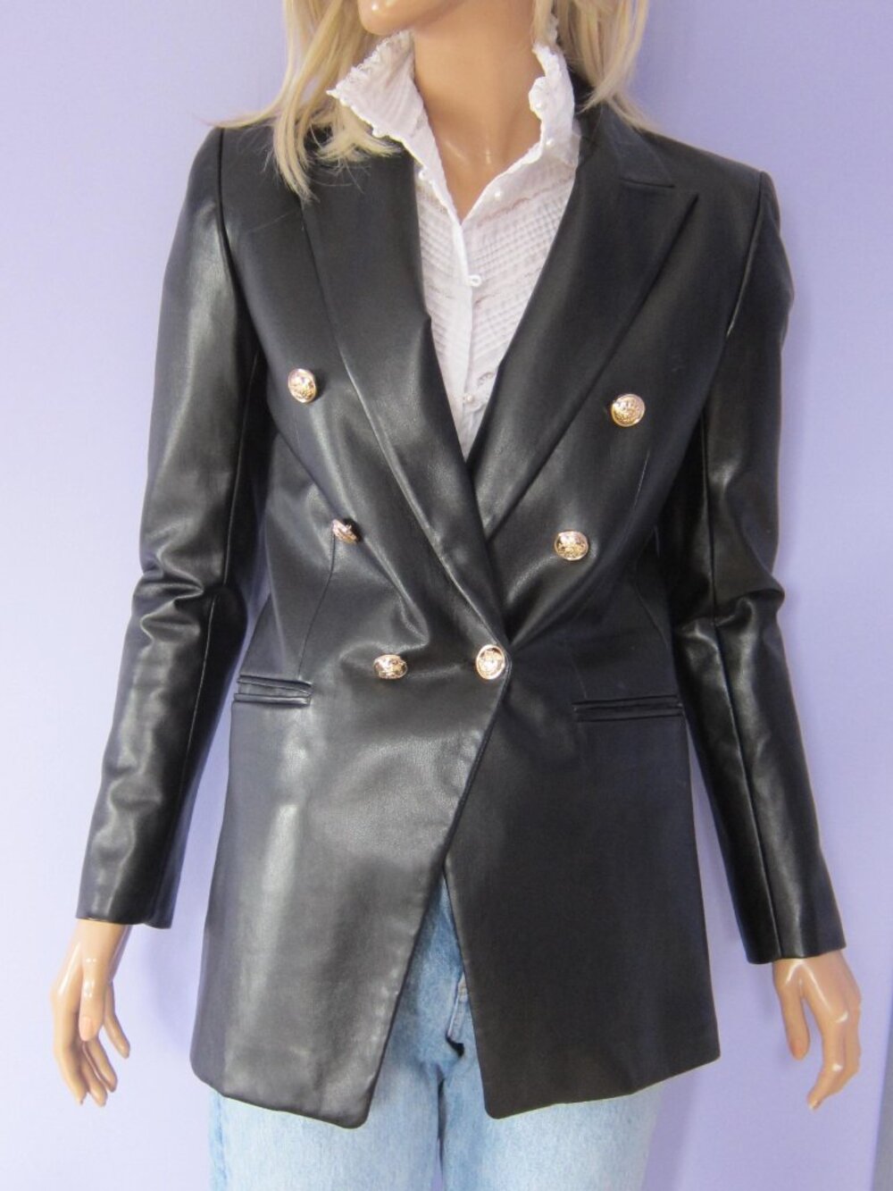 ZARA Butter Soft BLACK LEATHER DOUBLE BREASTED GOLD BUTTON BLAZER Blogger FAV